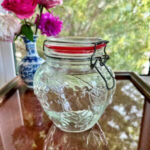 Embossed Glass Clamp Lid Jar with Red Rubber Seal – Fruit and Leaf Design